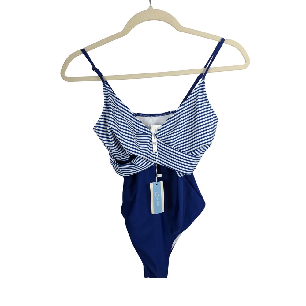 Cupshe Womens Blue White Striped Wrap V-Neck One Piece Swimsuit Size M NEW